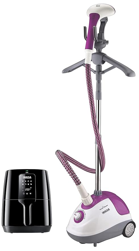 Inalsa Steam Master 1600-Watt Garment Steamer (White/Purple) & Air Fryer Digital Nutri Fry-1400W 4L,Smart AirCrisp Technology| 8-Preset, Touch Control & Digital Display| Variable Temp Control,(Black)