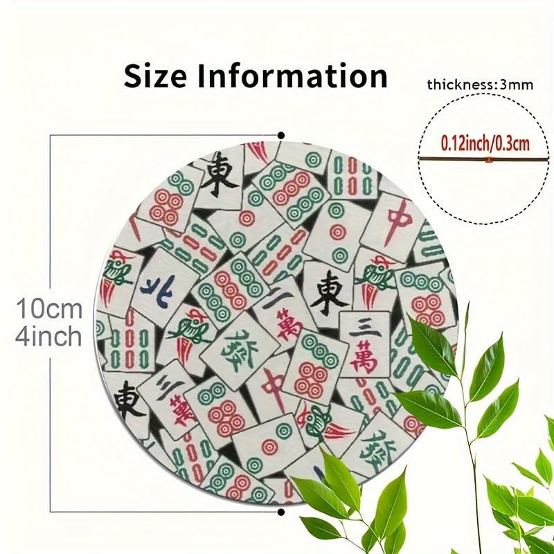 Image of Set of 6 Wooden Coasters with a Mahjong Theme - 4 Inches in Diameter, Featuring a Red and Black Design with Chinese Characters and Flowers, Perfect for Hot and Cold Beverages