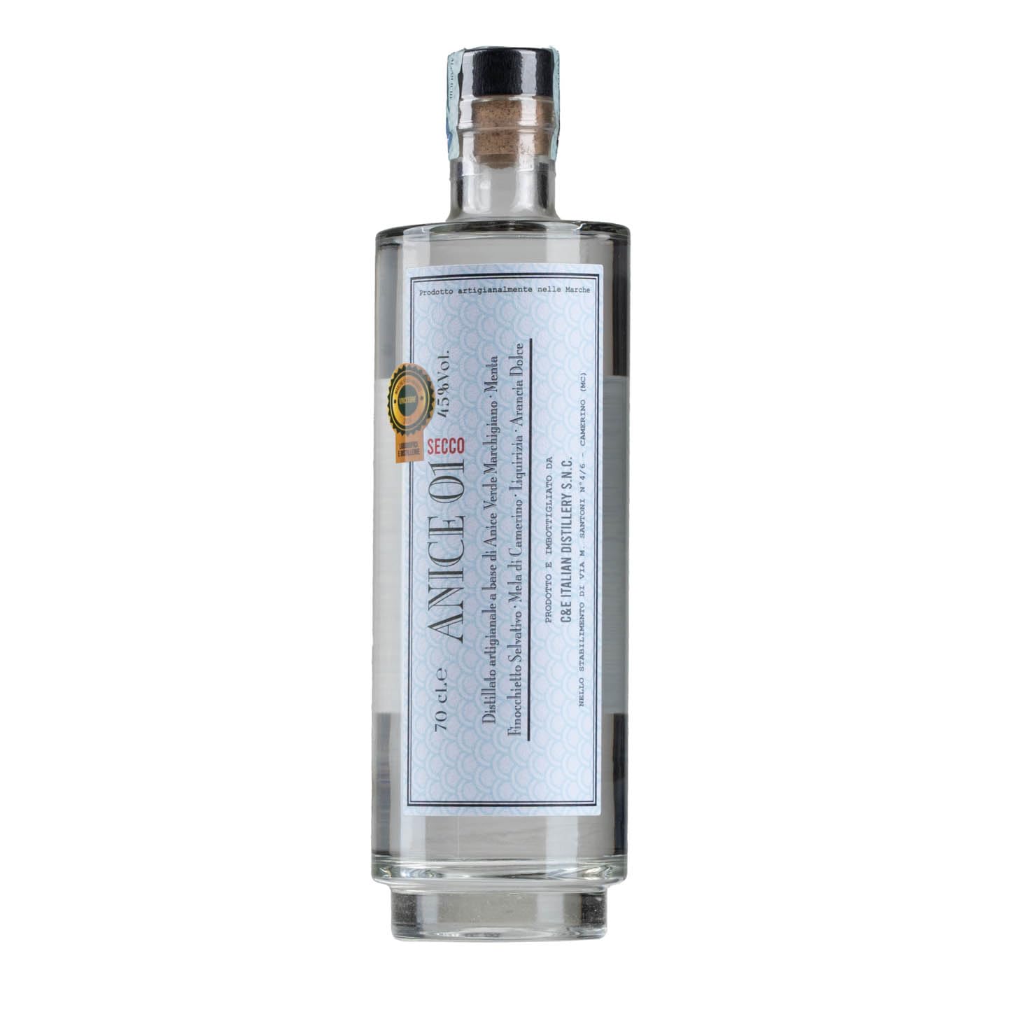 Anice 01 secco, distillato a base di Anice Verde Marchigiano, Menta, Finocchietto Selvatico, Mela di Camerino, Liquirizia, Arancia Dolce, da 70 cl, 45% Vol, C&E Italian Distillery