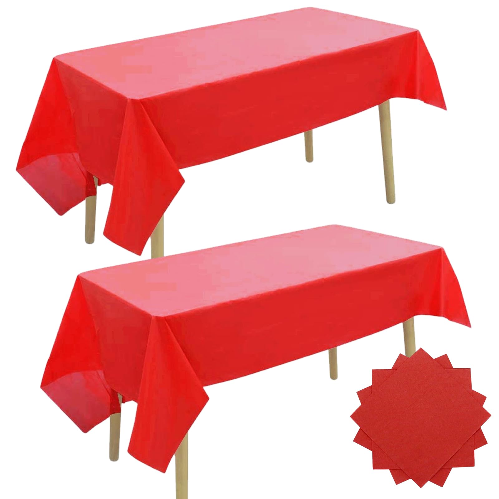 Red Disposable Tablecloth Set, 2 Rectangular Covers and 20 Party Napkins | 54 x 108 in per cloth, paper serviettes, coordinated setting for dining or buffet tables, indoor or outdoor gatherings