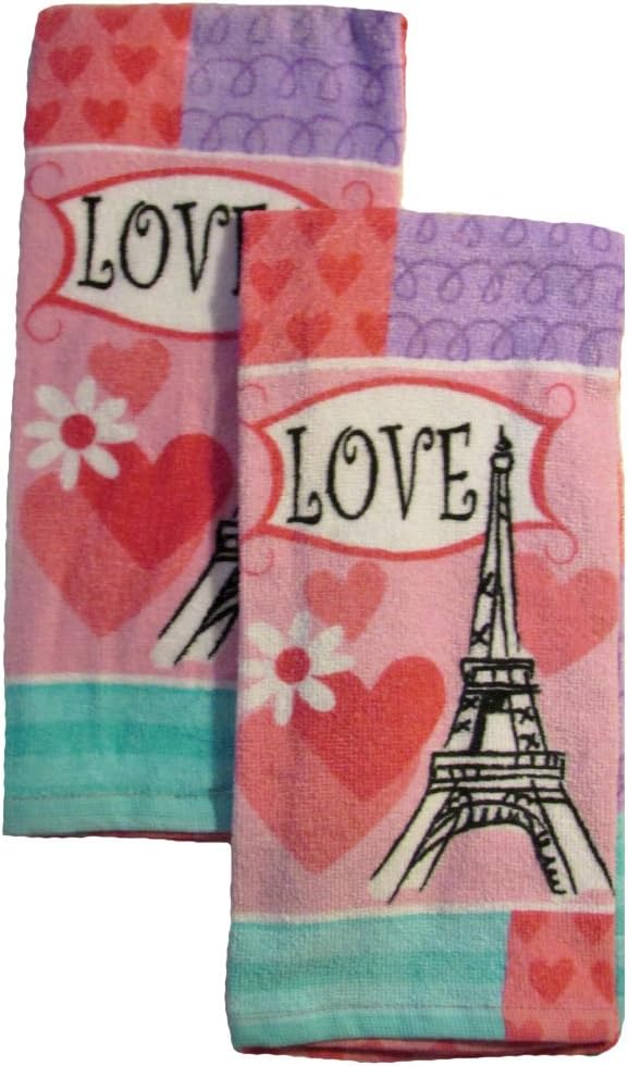 2 Pk "Love" Paris Eiffel Tower Plush Kitchen Towels- 16" X 26"