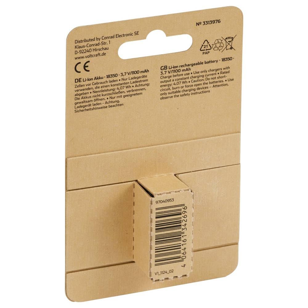 VOLTCRAFT VC-18350 - Batteria speciale 18350 Flat-Top al litio 3,7 V 1100 mAh, 1 pezzo
