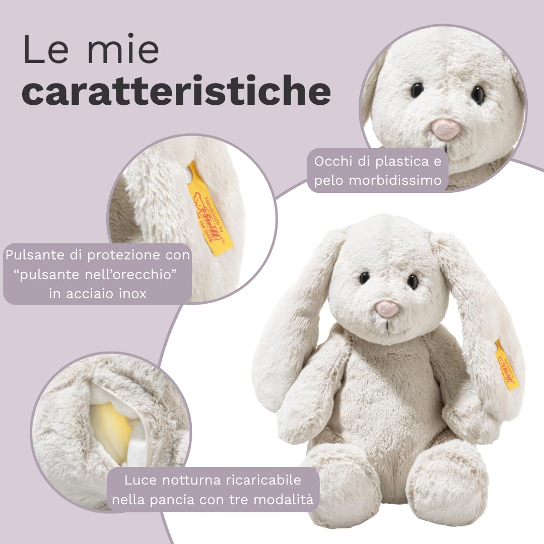 Steiff Peluche Coniglio Hoppie con luce notturna, dolce animale di stoffa, occhi in plastica, bambini e bambine, Friends, 28 cm, grigio chiaro, 081026