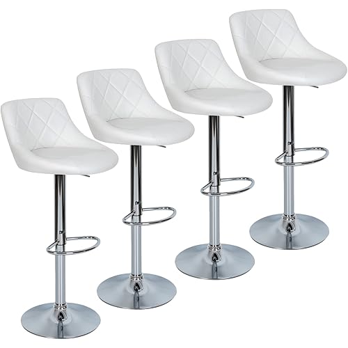 ORISTUS 2022 White Bar Stools Set of 4,Swivel Bar Stools with Backs Pu Leather Height Adjustable Modern Pub Kitchen Counter Height Bar Stool Chair with 15.3 Base