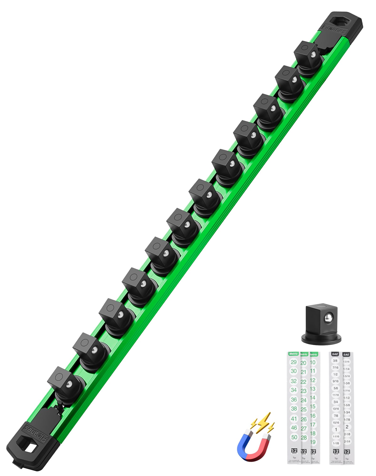 ALOANES Magnetic Socket Organizer Set, 1/2-Inch Drive Heavy Duty Aluminum Socket Rail Organizer, 360° Swivel Clips Socket Holder Kit for Toolbox Drawer Fit 1/2-Inch x 12 Clips (Green, 1PC)