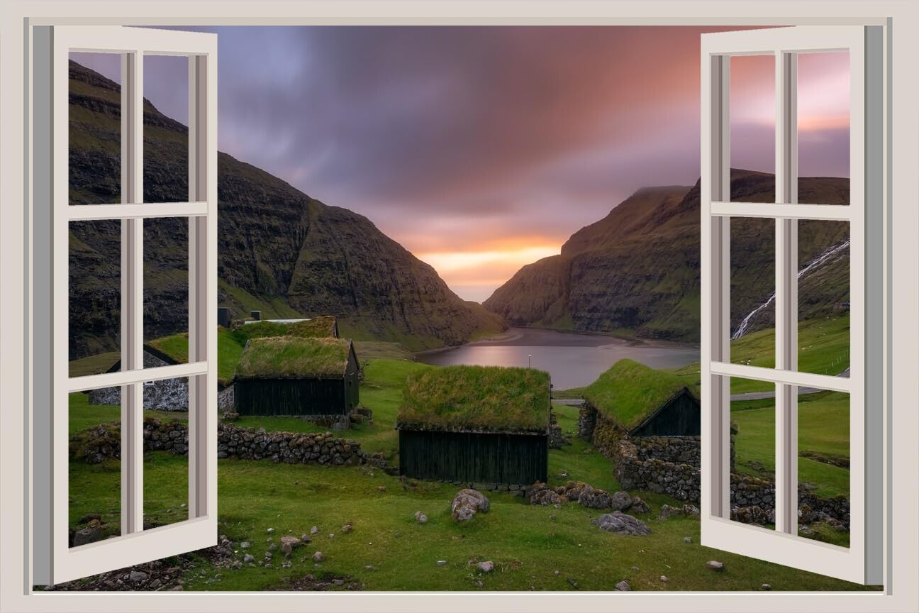 JVERF - JZZA22562 Houses Mountains Faroe Islands Saksun Kingdom of| Self-Adhesive Open Window Wall Sticker