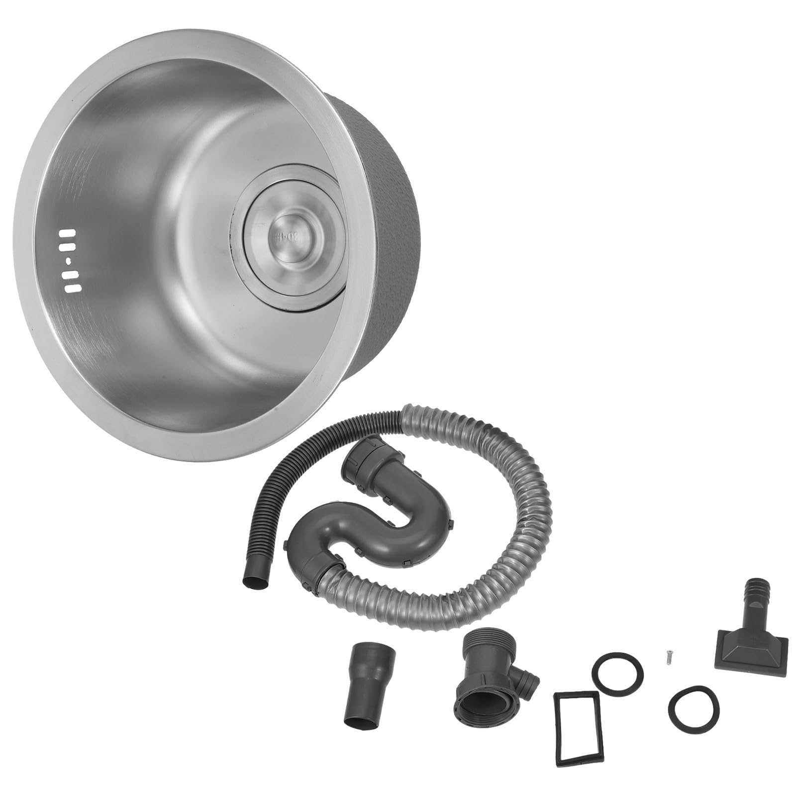 TEHAUX Fregadero de Cocina con Kit de Drenaje y Rebosadero Mini Redondo de Acero Inoxidable Plata para Autocaravanas y Camping