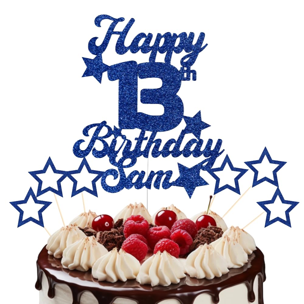 Personalised Happy Birthday Cake Topper Customised with Any Age Name Party Cake Decoration 16 18 21 40 60 Glitter Card Rose Gold, 12 Colours (Blue)