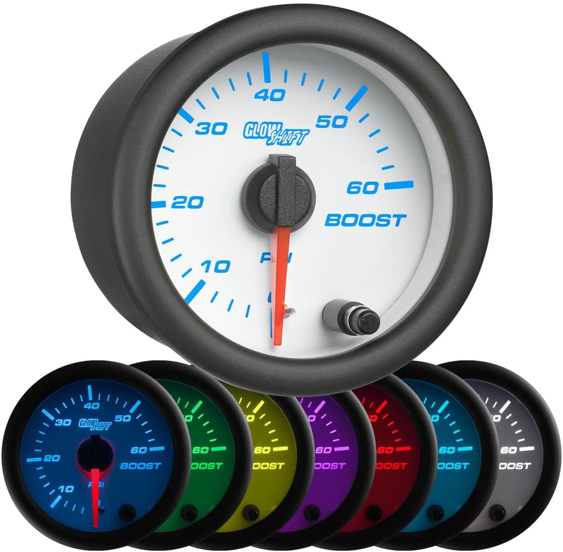 GlowShift White 7 Color 60 PSI Turbo Boost Gauge Kit - Includes Mechanical Hose & Fittings - White Dial - Clear Lens - for Diesel Trucks - 2-1/16" 52mm