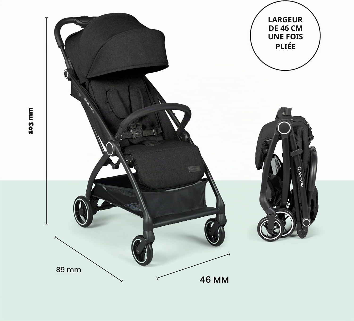 Poussette Ickle Bubba Aries Autofold - Conception ultra-légère, inclinaison multiposition et mécanisme de pliage automatique pratique, de la naissance à 22 kg (Noir)