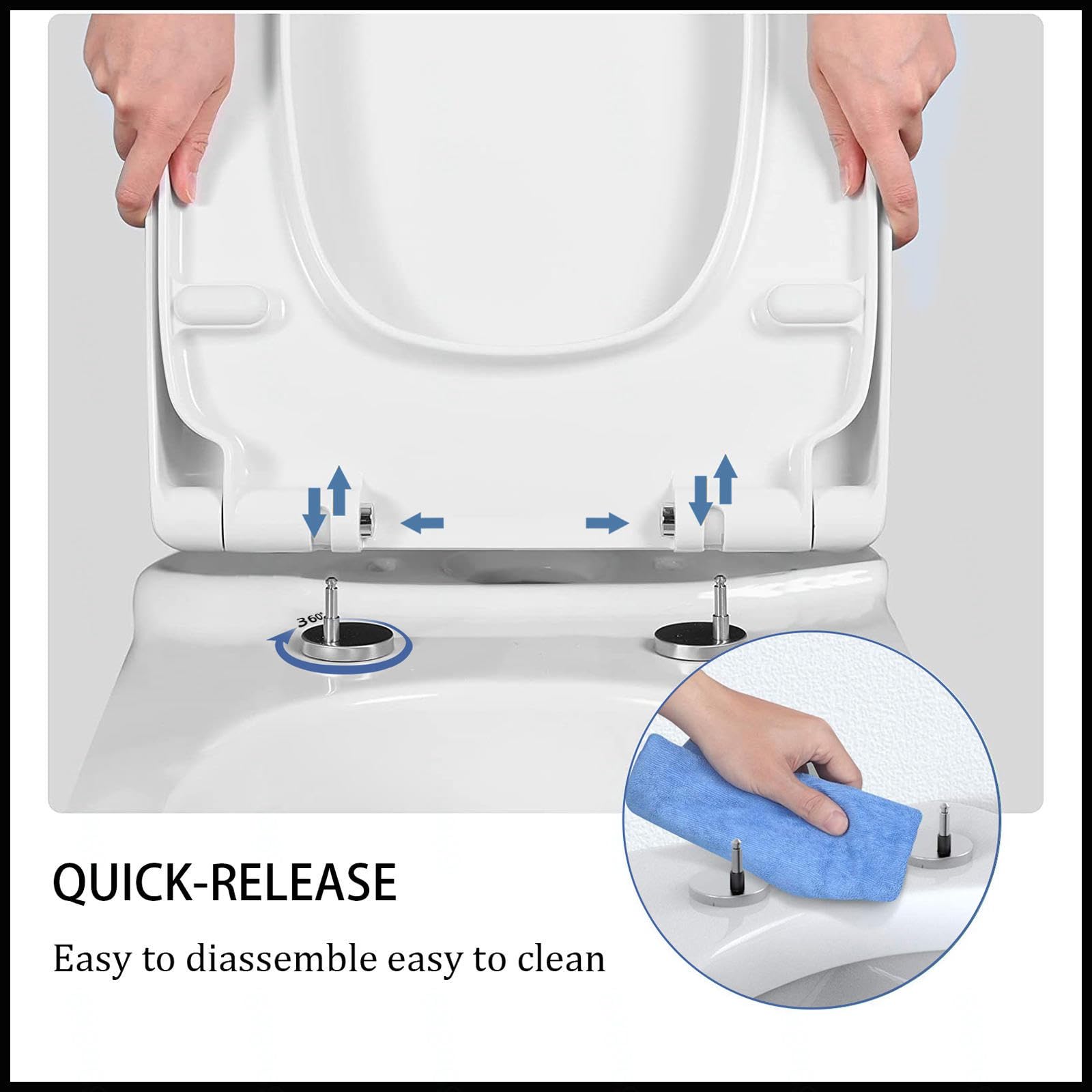 Sedile WC Quadrato Bianco Sedile WC Easy Fit Sedili WC Soft Close Sedili WC durevoli Copriwater Slow Close, Facile da Montare per Il Bagno, bianco-34,5 * 43 cm