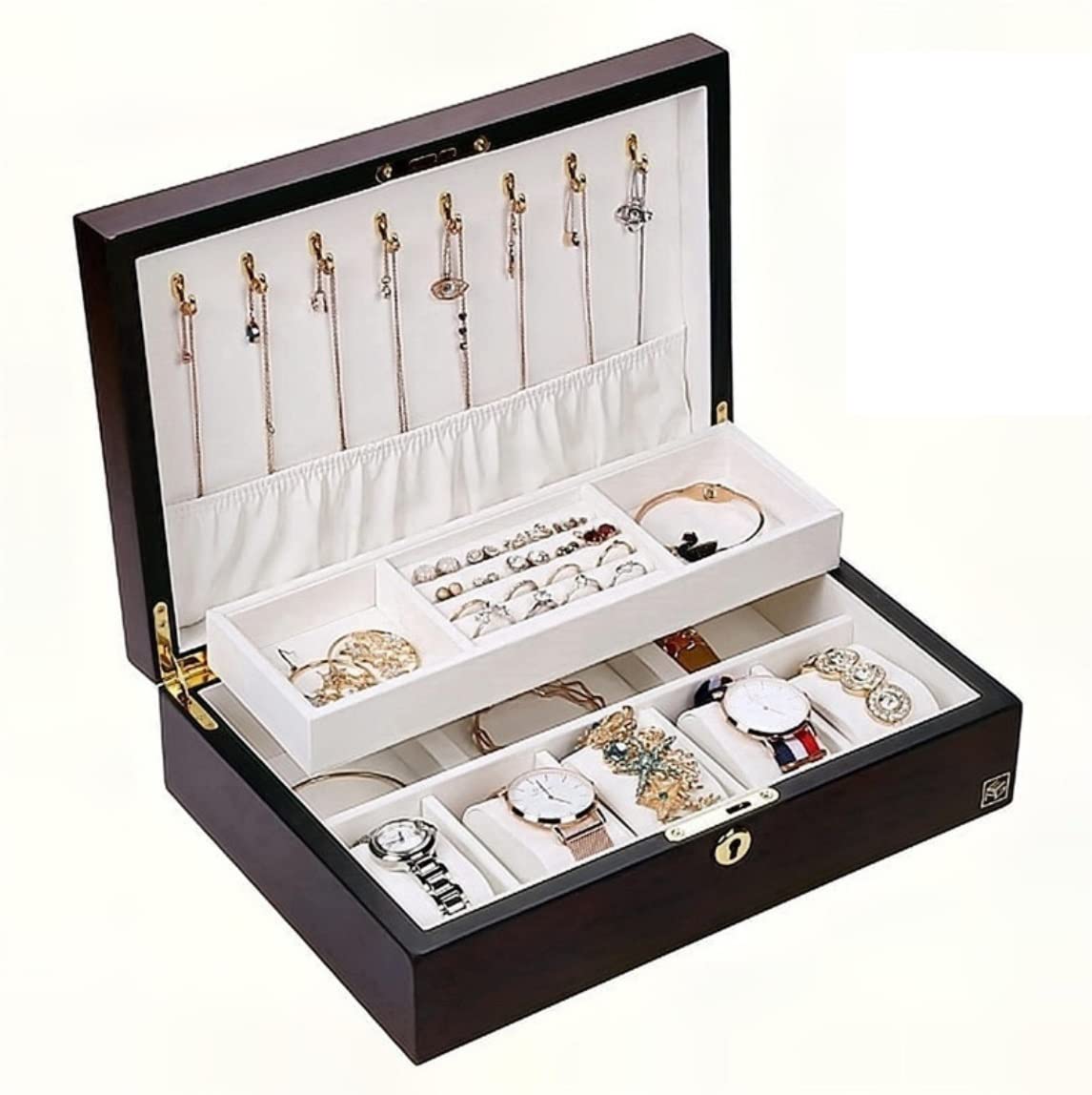XBTGS Schmuckkästchen, Schmuck-Organizer, Holz-Schmuckschatulle, 2-lagig, groß, Schmuck-Organizer für Halsketten, Ohrringe, Ringe, Armbänder, Uhren, Schmuckkästchen, Walnuss, 32 x 22 x 9 cm, Dunkelrot