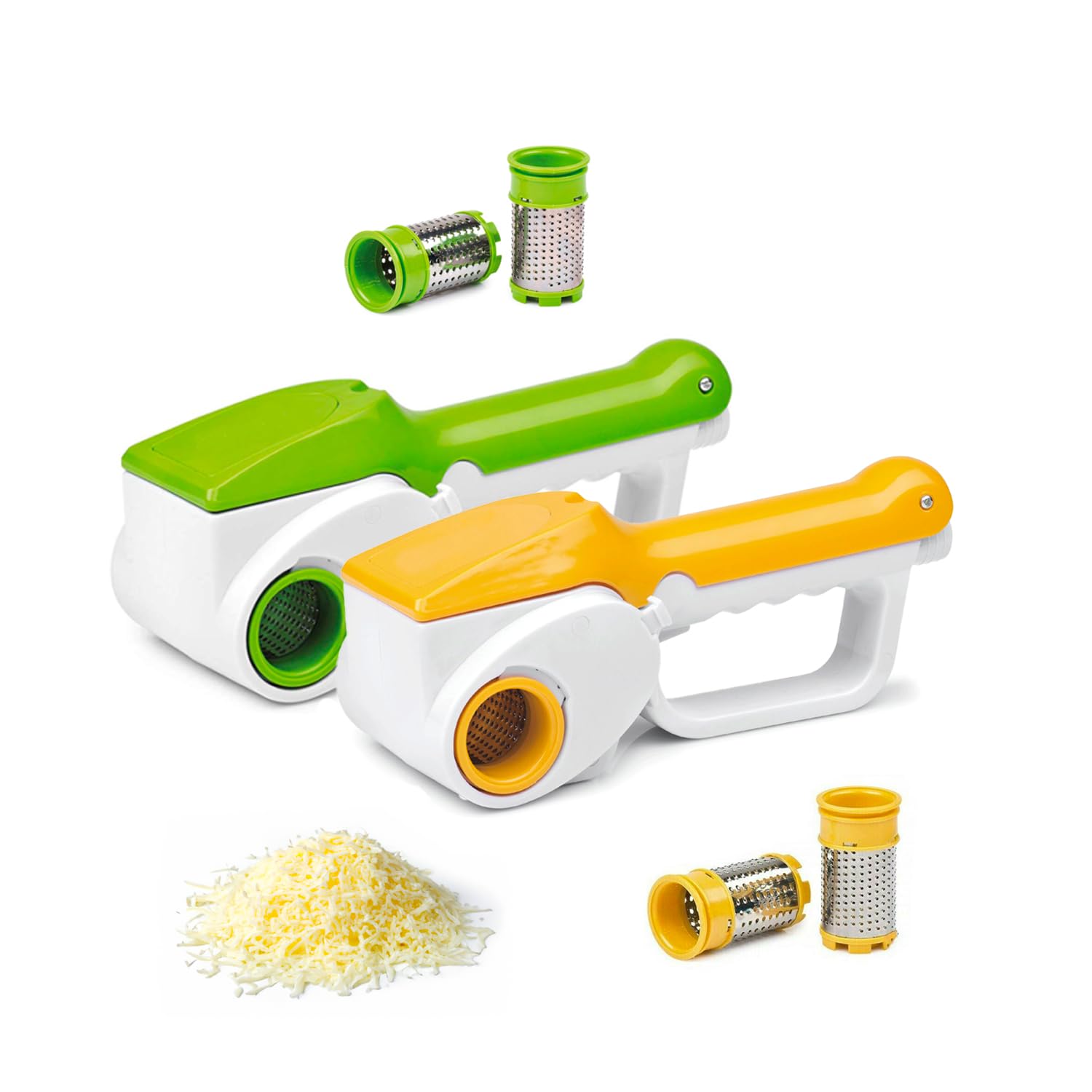 Avilia Grattugia Elettrica Cordless Multifunzione - 3 Rulli in Acciaio Frutta e Pane, Grane Diverse per Formaggi Duri e Morbidi, Corpo in Plastica, 12W, Giallo e Verde