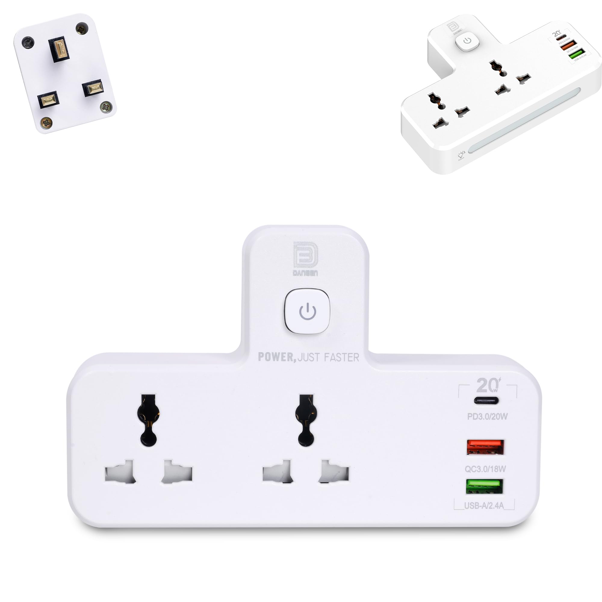 Daneen 5-in-1 Multi plug power extension socket with 2 USB, 2 Outlets,1 Type-C Port, Surge Protector, LED night light, Universal adapter for kitchen, Home, office(White) (Socket Extender SC2312)