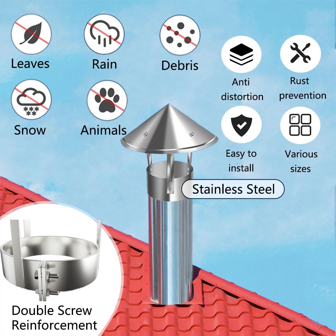 Tapa De Chimenea 80-300 Mm Sombrerete Antilluvia Redonda, Tapa De Cubierta De Acero Inoxidable, Protector De Pájaro Para Chimenea, Para Techo Ventilación(180 mm(7.09 in))