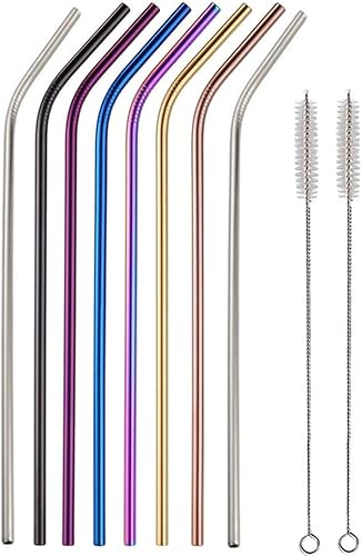 Pajitas de metal para batidos, pajitas reutilizables de 10 pulgadas de colores, 8 popotes doblados extra largos con 2 cepillos de limpieza para YETI