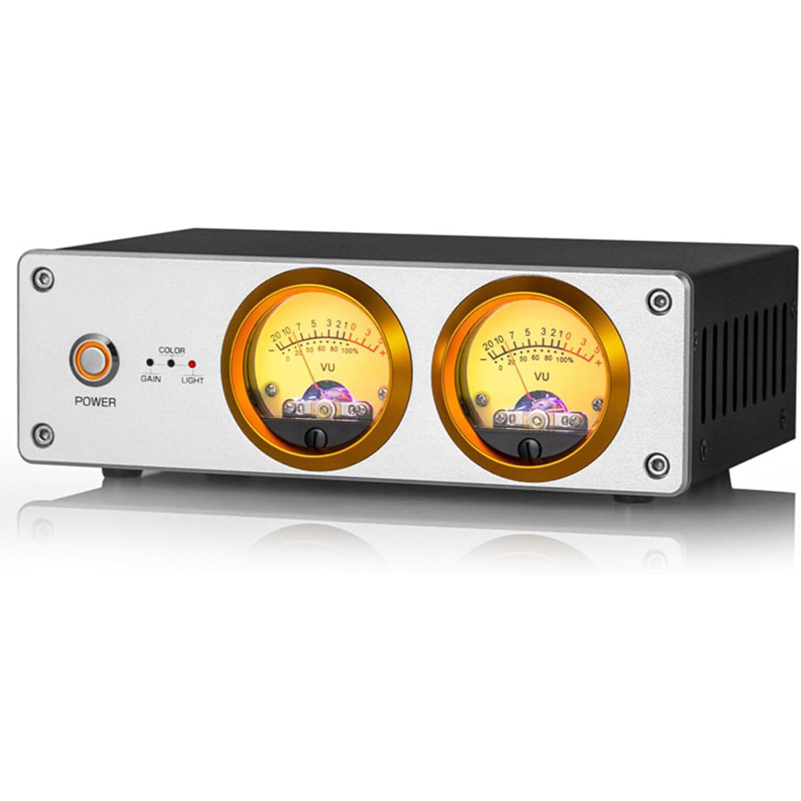 Audio Switch Box z podwójnym analogowym miernikiem, wskaźnikiem poziomu dźwięku, wejściem audio stereo RCA/3,5 mm i gniazdem mikrofonowym. Regulowane kolory, jasność i wzmocnienie. B
