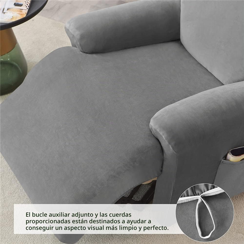 Highdi Funda de Sillón Relax Elástica para Sillón Reclinable, Funda Reclinable Terciopelo 4 Piezas con Bolsillos Laterales, Antideslizante Extraíbles y Lavables Fundas Protector (Gris Oscuro)