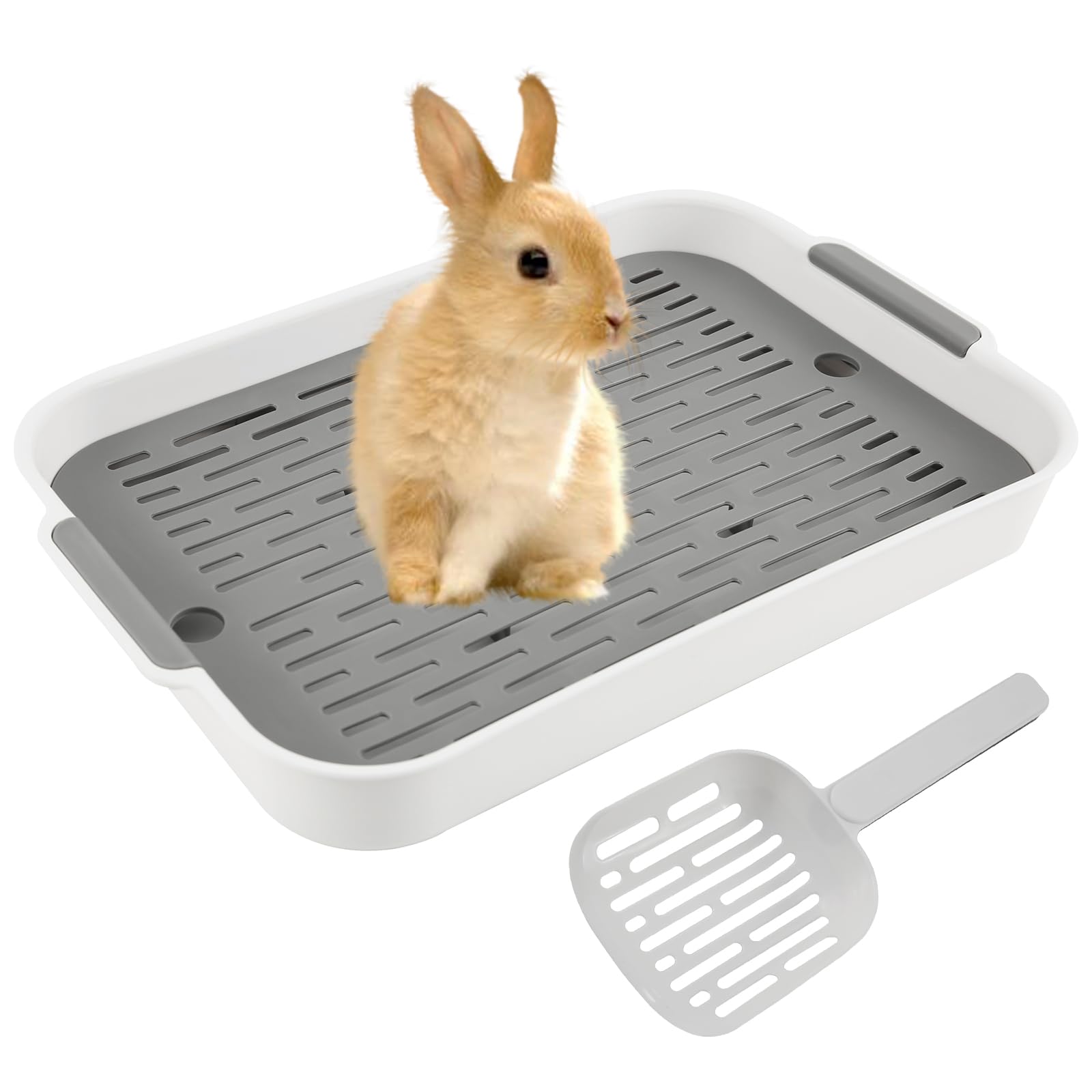 cupeohome Rabbit Litter Tray Large, Rabbit Toilet with Sand Scoop, Rectangular Litter Box with Grid, 2 Tier Flat Toilet Tray, Small Pet Litter Box Potty for Bunny, Guinea Pig, Cat (White)
