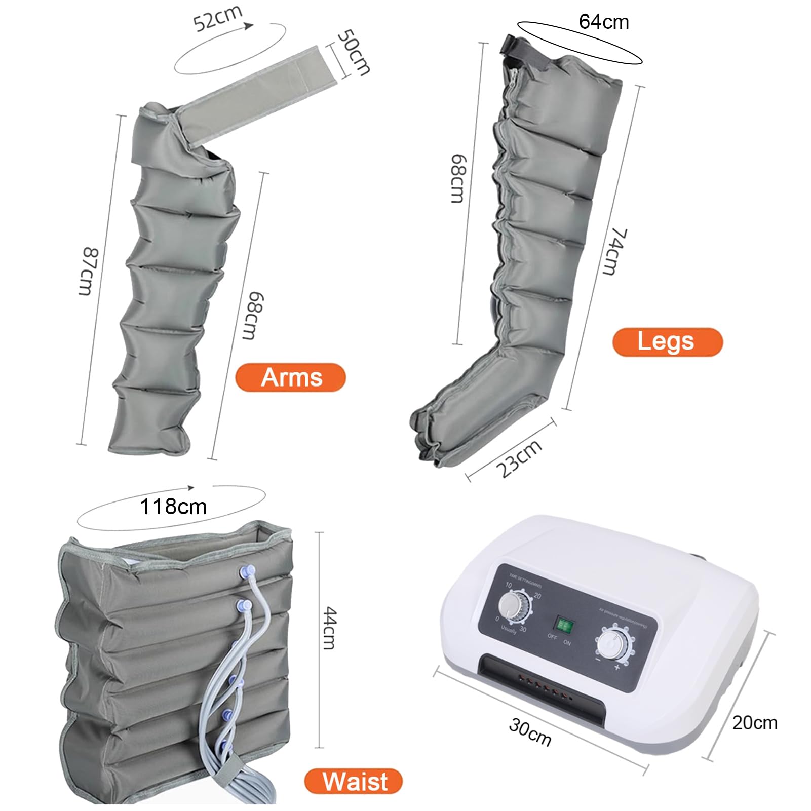Pressoterapia Linfodrenaggio Professionale 6 Camere, Apparecchio per Gambe Addome e Braccia per Casa, Massaggiatore Elettrico a Compressione d'Aria, 0-30 Min