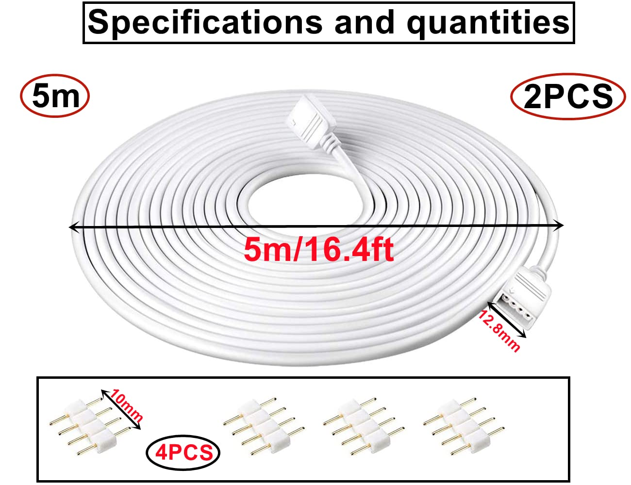 HUAZIZ Cable Extensión Tira LED RGB, Conector Cable 2 unidades de 5 m 4 pines, Cable Alargador para SMD 5050 3528 2835 RGB