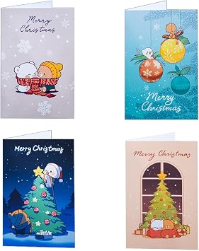 Milkmochabear Christmas Card 4-Pack Bundle Authentic Merchandise 4" x 6" Inch Blank Inside Milk and Mocha Greeting Cards with White Enevelopes Unique Designs for Family Friends Partners Cute Adorable