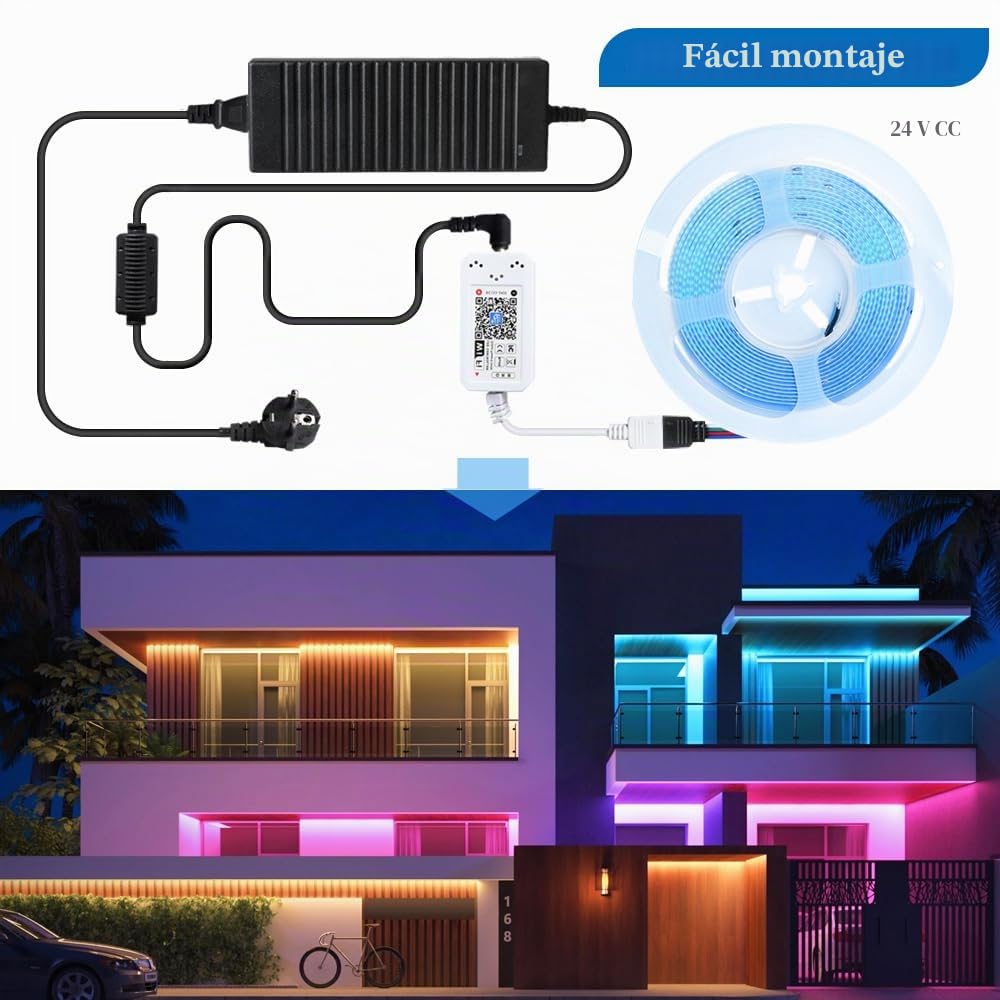 WIFI 5M COB RGB LED tira de luces de cadena 576 LED/M 2880 LED 24V regulable Luz LED deformable con mando a distancia, banda de luz funciona con Google Home Assistant/Alexa