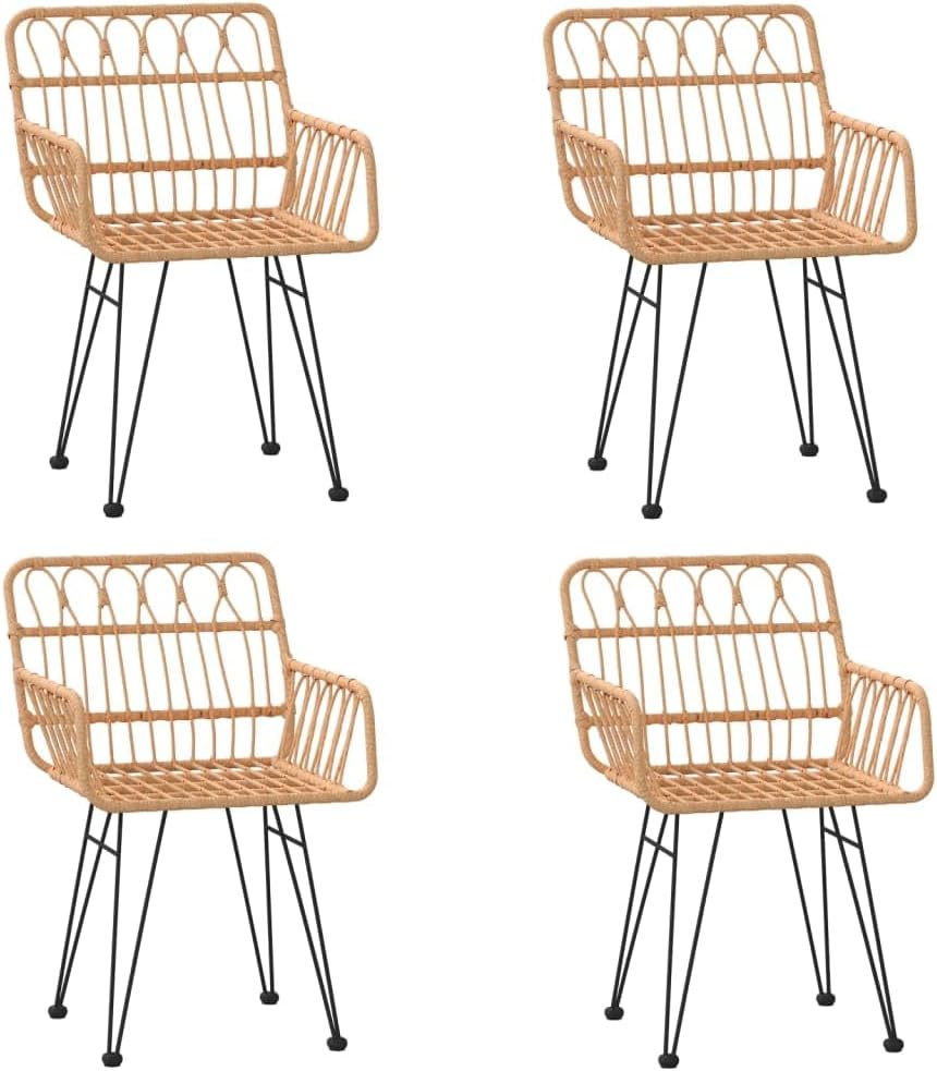 vidaXL 5-Piece Dining Set for Patio with PE Rattan, Steel Frame and Tempered Glass Tabletop – Comfortable Chairs with Backrest and Armrests – Includes Practical Footpads