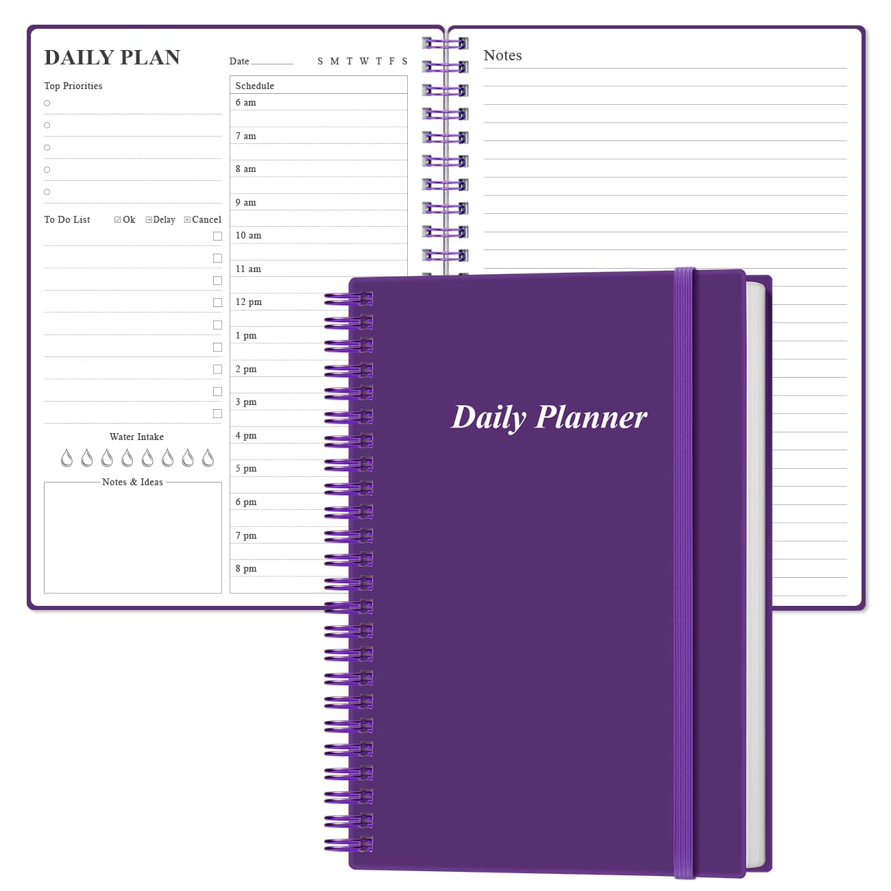 Daily Planner Undated - A5 To Do List Notebook Hourly Schedules, Spiral Appointment Planner for Women and Men, PVC Hardcover, Inner Pocket, Elastic Closure, 5.8" x 8.3", Purple