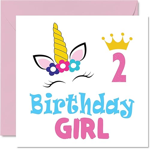 Stuff4 Tarjeta de cumpleaños de 2 cumpleaños para niña, tarjeta de cumpleaños de unicornio, tarjeta de feliz cumpleaños para niña de 2 años,