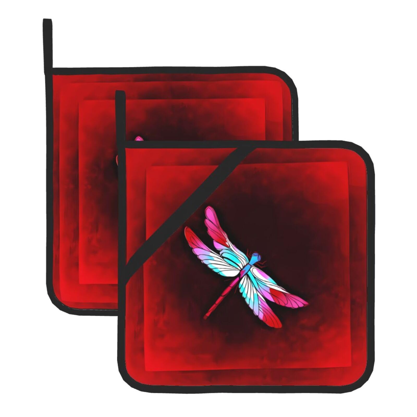 HJFCZH Dragonfly on Red Background Prints Square Hot Pads for Kitchen - Waterproof Heat Resistant Potholders, Thick Trivet Covers with Hanging Loops, Oven & Grill Dish Protectors (2-Pack)