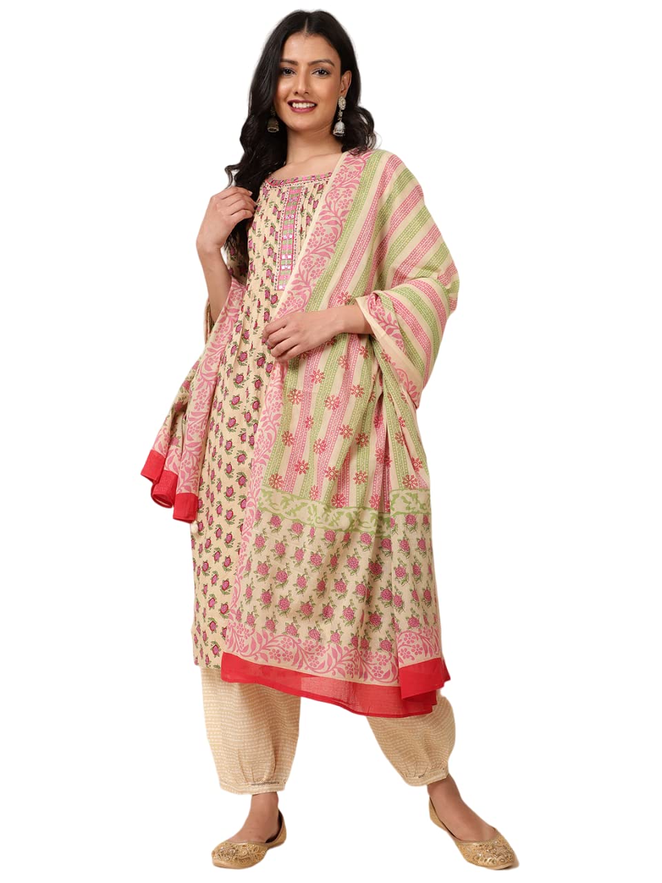 Bani Women Cotton Kurta Set with Bottom & Dupatta, 3/4 Sleeves, V Neck Printed Ready to Wear Indian Kurti Salwar Suit Set