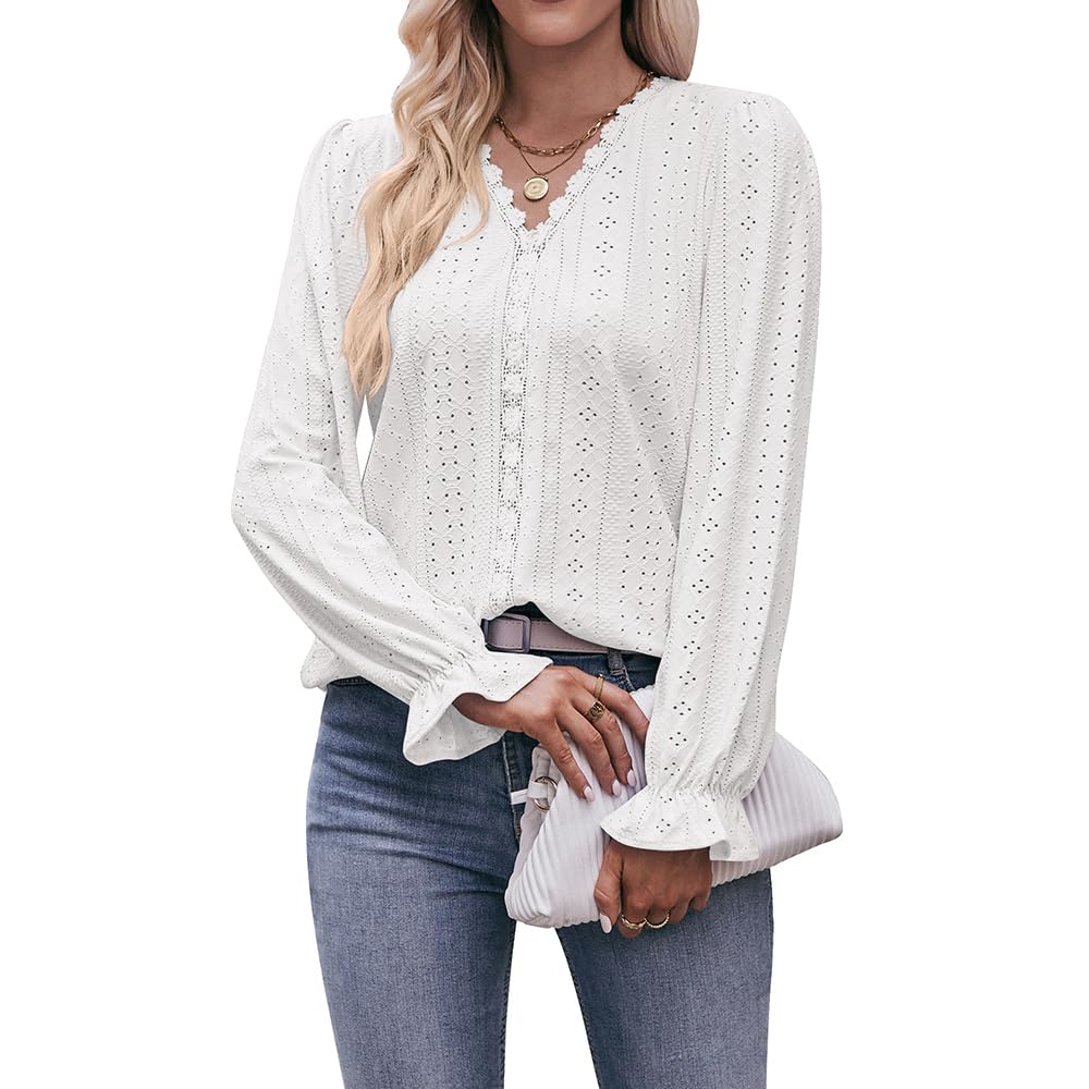 Coloody Blusa de Manga Larga para Mujer Color sólido Suelto Casual Elegante Cuello en V Gasa Encaje Camiseta Tops