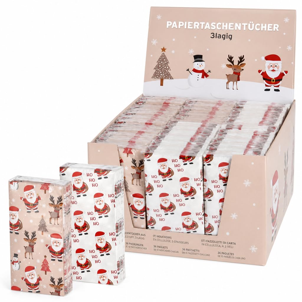 MIJOMA Set di fazzoletti di carta Ho Ho Ho Ho, 3 veli, 36 confezioni, stampati bianchi, pensierini di Natale, regali di Babbo Natale, desideri di guarigione, pratici e morbidi