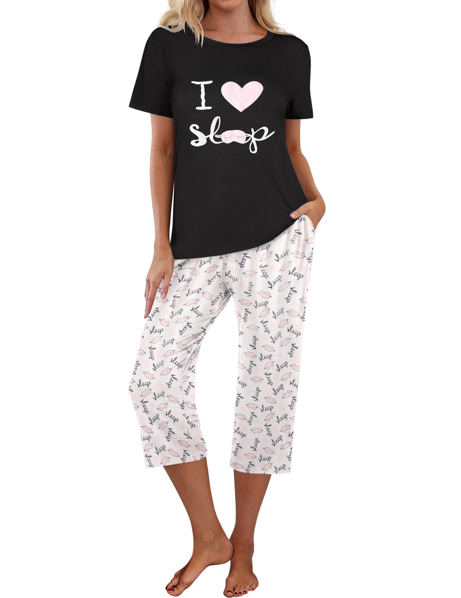 Ekouaer Womens Pajamas Set Short Sleeve Pajama for Women Sets Sleepwear Tops with Capri Pants Pj Set