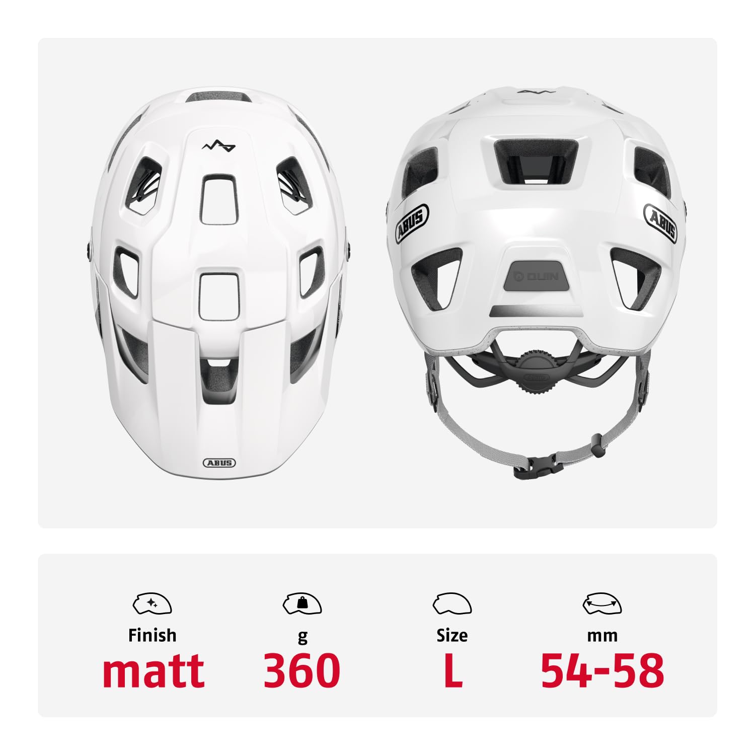 ABUS MTB-Helm MoDrop, Weiß, L | In-Mold-Verfahren, Verstellsystem, Goggle-Halterung, Zopf-Öffnung