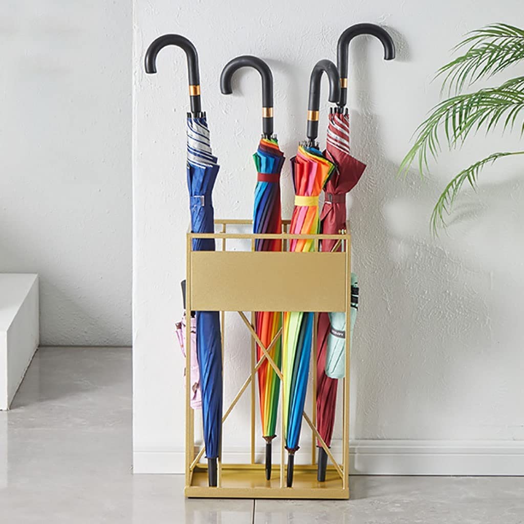 BHFPFZA Metal Rectangular Umbrella Stand Holder with Drain Hole and Hook Creative Fashion Home Office Umbrella Holder for Entryway (Gold 35.2x21.6x58cm)