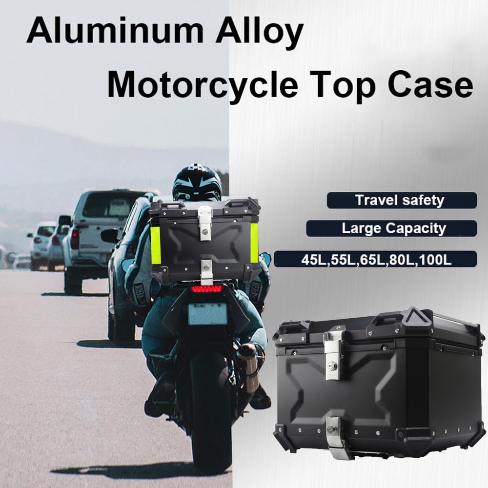 Baul para Moto Topcase, Baúl De Aluminio para Moto Scooter Maleta,Caja De Motocicleta con Respaldo Y Asa,Maletero De Moto 45L 55L 65L 80L 100L(Negro,45L)