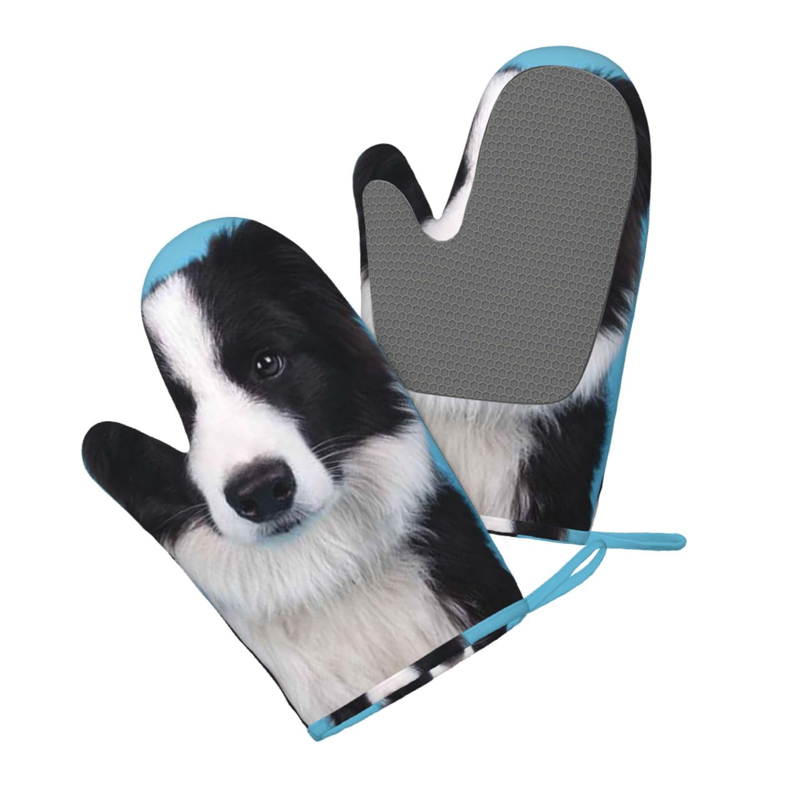 Silicone Oven Mitts Set 2PCS, Border Collie Printed Heat Resistant Non-Slip Silicone Oven Gloves for Kitchen Cooking Baking Microwave
