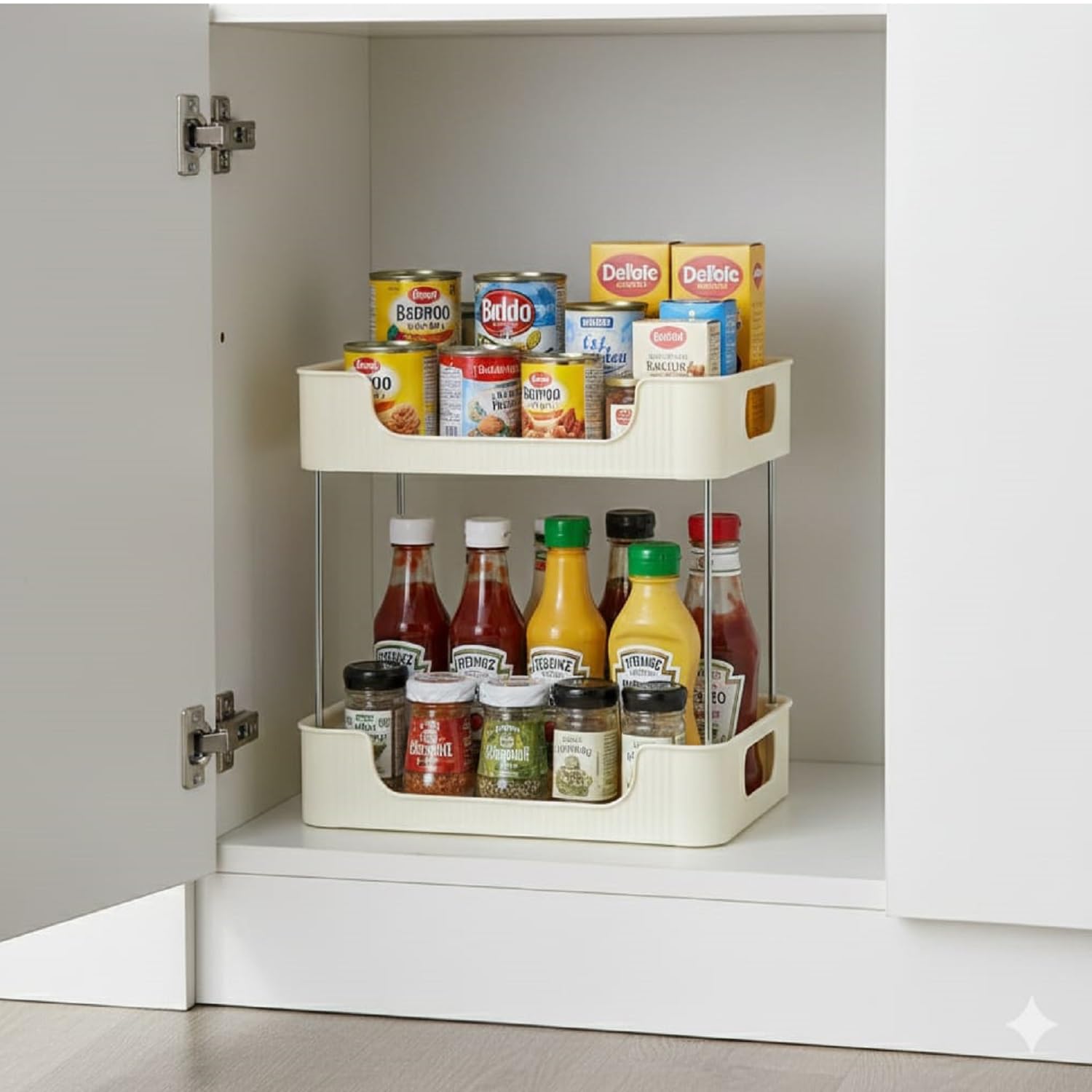 Storage Rack Stand, White PP Plastic & Stainless Steel Shelf Organizer for Kitchen Countertop, Bathroom, Cabinet & Sink, Multipurpose Stand for Living Room, Office & Kids Room (2 Layer)