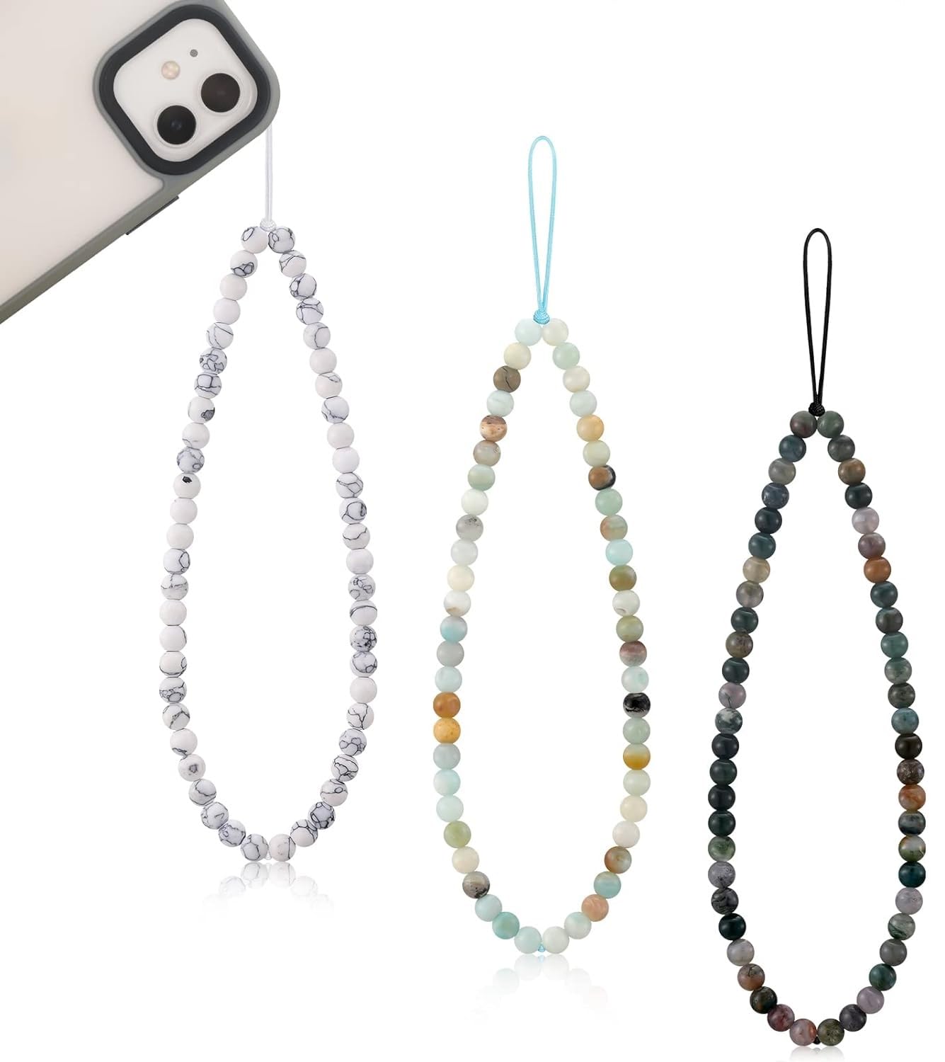 GenericMANBHAR GEMS - 3 Pcs Beaded Phone Charm Cell Phone Lanyard Wrist Strap Handmade Natural Gemstone Phone Chain Anti Lost Phone Chain Bracelet Accessory