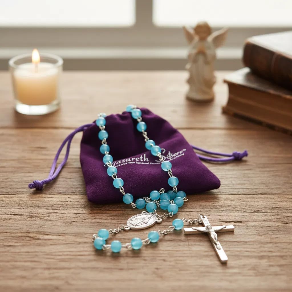 Nazareth Store Catholic Rosary Necklace Blue Cat Eye Stone Prayer Beads with Silver Crucifix 5 Decade Rosary for Daily Meditation or Gift - Image 5