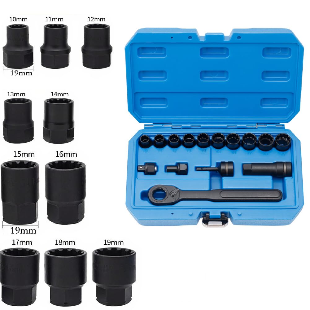 Set di chiavi a bussola a cricchetto, 15 pezzi, kit di chiavi a bussola passanti, 6/12 punti metrici, 10-19 mm, in acciaio cromato, per riparazioni automobilistiche