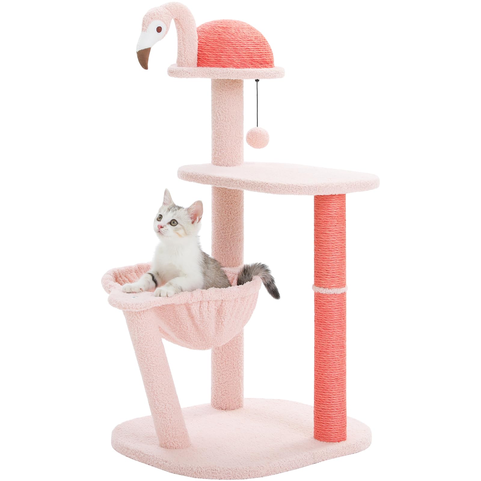 PETEPELA 34.2'' Cat Scracthcing Post, Tall Cat Scratcher with Large Cat Hammock [Dia=30CM], Flamingos Natural Sisal Cat Scratch Post, Pink Small Cat Tree Tower for Indoor Cats&Kittens