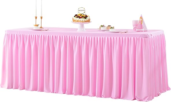 Wish Care Pink Polyester Table Clothes for 4 Foot Rectangle Tables, Wrinkle Free Fitted Table Cover with Pleated Ruffle Table Skirt for Birthday Party Wedding Trade Show Event Display