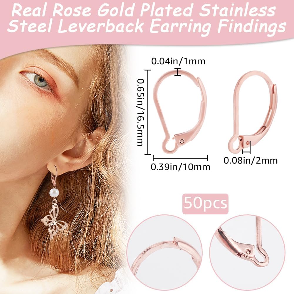 Beebeecraft 1 Box 50Pcs French Earring Hooks 304 Stainless Steel Rose Gold Hypoallergenic Dangle Leverback Earring Findings 16.5x10mm for Earrings DIY Jewelry Making