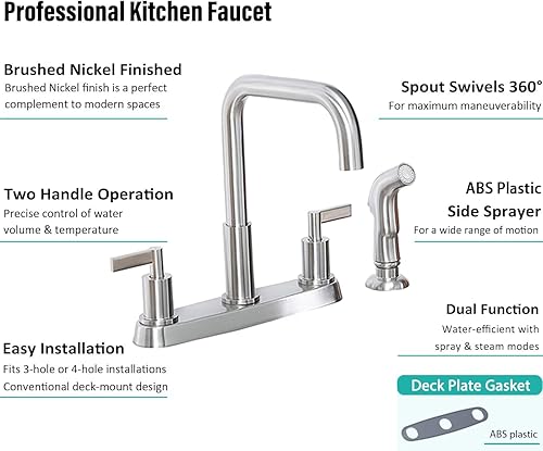 Miniatura 9 de Grifo de cocina con pulverizador, grifo de fregadero de cocina de acero inoxidable de níquel cepillado con rociador lateral, grifo de 3 agujeros o 4