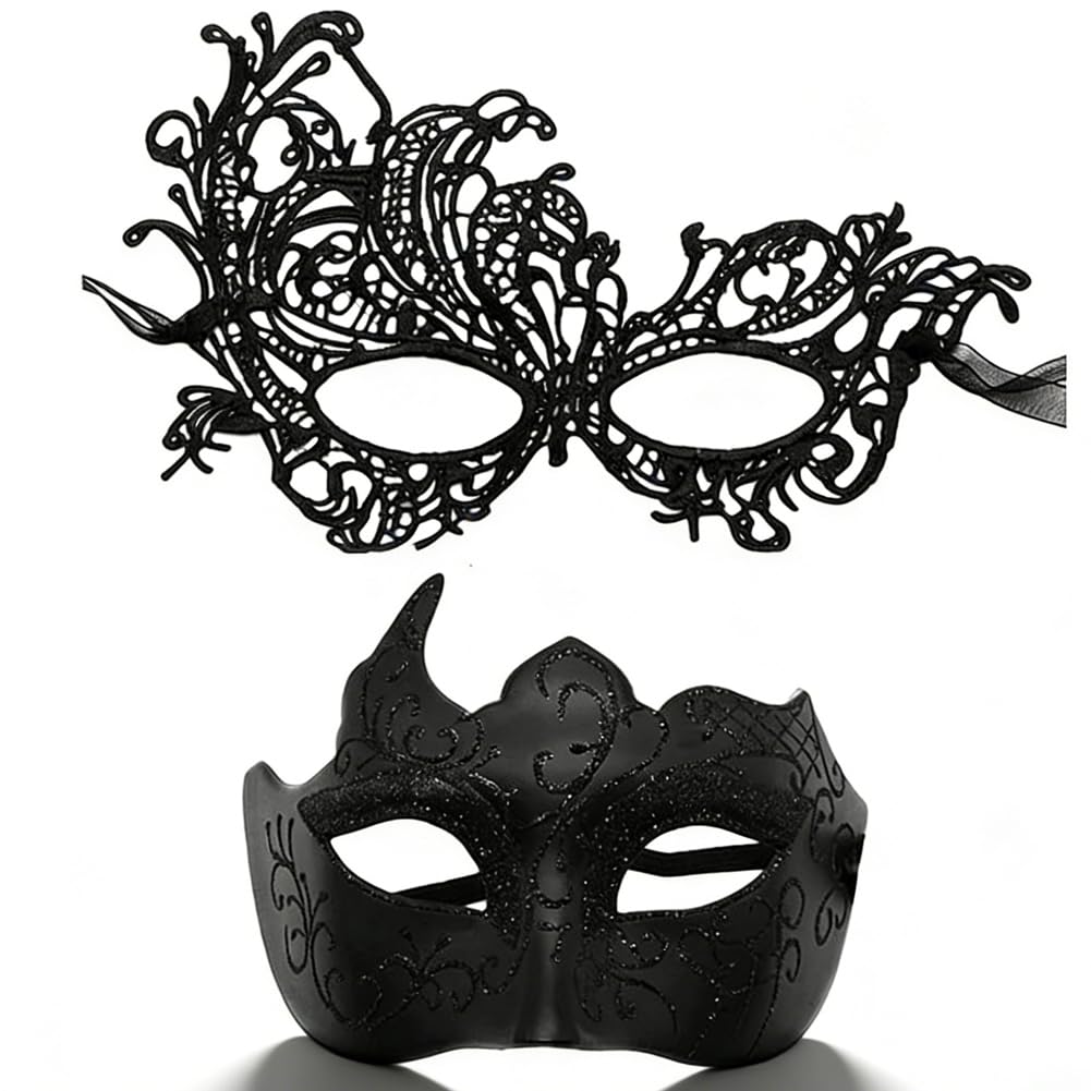 KMFASVX Masquerade Mask for Couple Men Women Venetian Mask for Halloween Lace Masque Costume mask Party Prom Ball Mardi Gras -Black