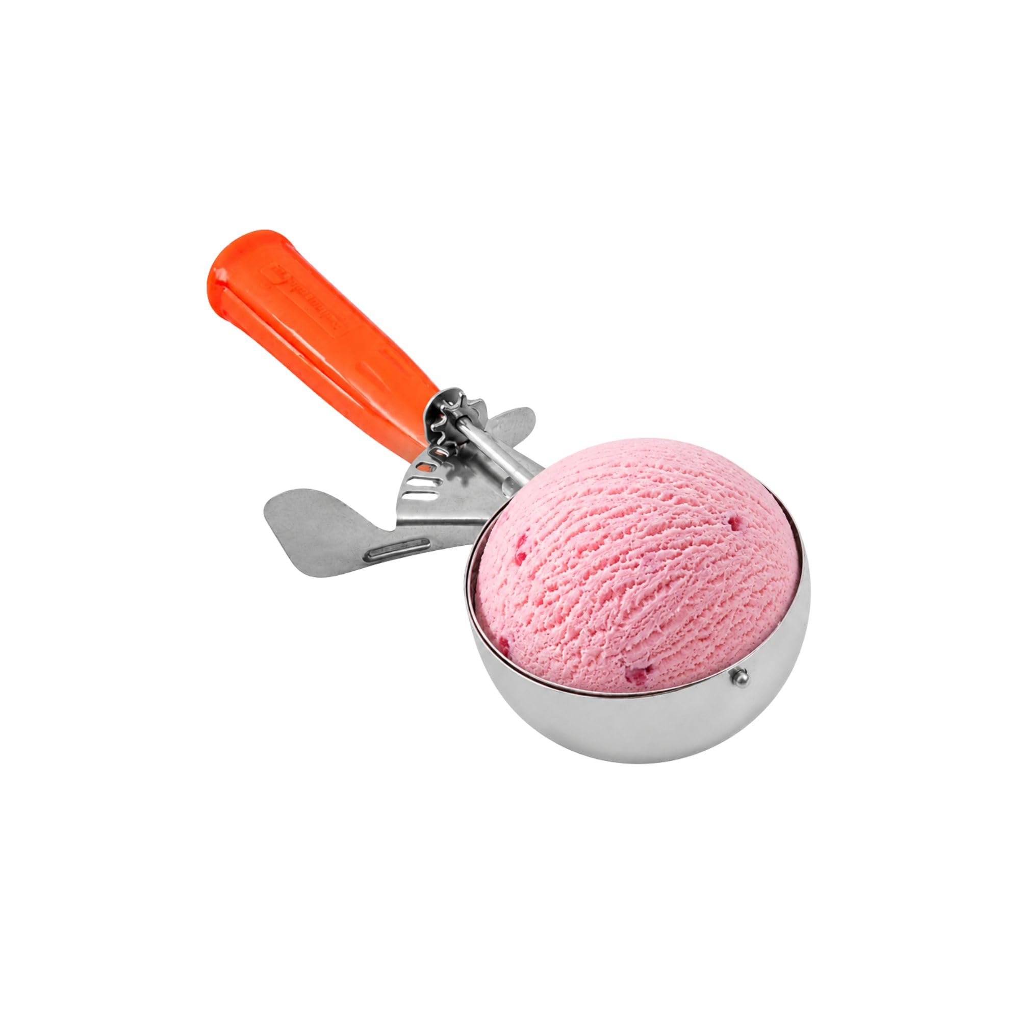 Restaurantware Met Lux 8 Ounce Portion Scoop 1 Durable Disher Scoop - Thumb Trigger Orange Stainless Steel Ice cream Disher For Portion Control For Ice Cream Mashed Potato And Cookie Batter
