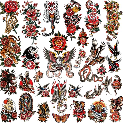 Casciybo Large Colorful Old School Temporary Tattoos for Women Men& Adult, 300+PCS Traditional American Retro Styles Half Arm/DIY Spine Free Combination Waterproof Classic Fake Tattoos